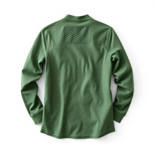 A textured long-sleeve green shirt displayed against a plain white background, captured with a Canon EOS 5D Mark IV, 50mm lens, f/8 aperture, ISO 100, soft diffused lighting, and a shallow depth of field for enhanced detail.