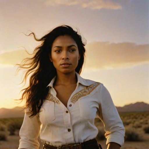 Dramatic photo of a beautiful Fijian woman, classic cowboy attire, confident and free spirit expression, half-length portrait, centered, golden hour desert landscape, warm, diffused light, low angle, medium format film camera, in style of Annie Leibovitz.