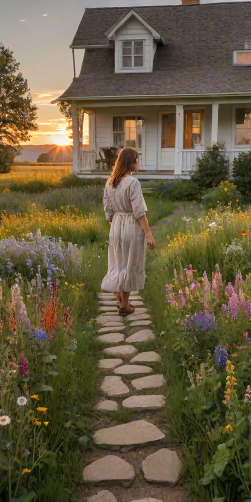 Charming rural farmhouse, with a stone path leading up to the door, a woman stands on the porch, watching the sun set behind a field of wildflowers.