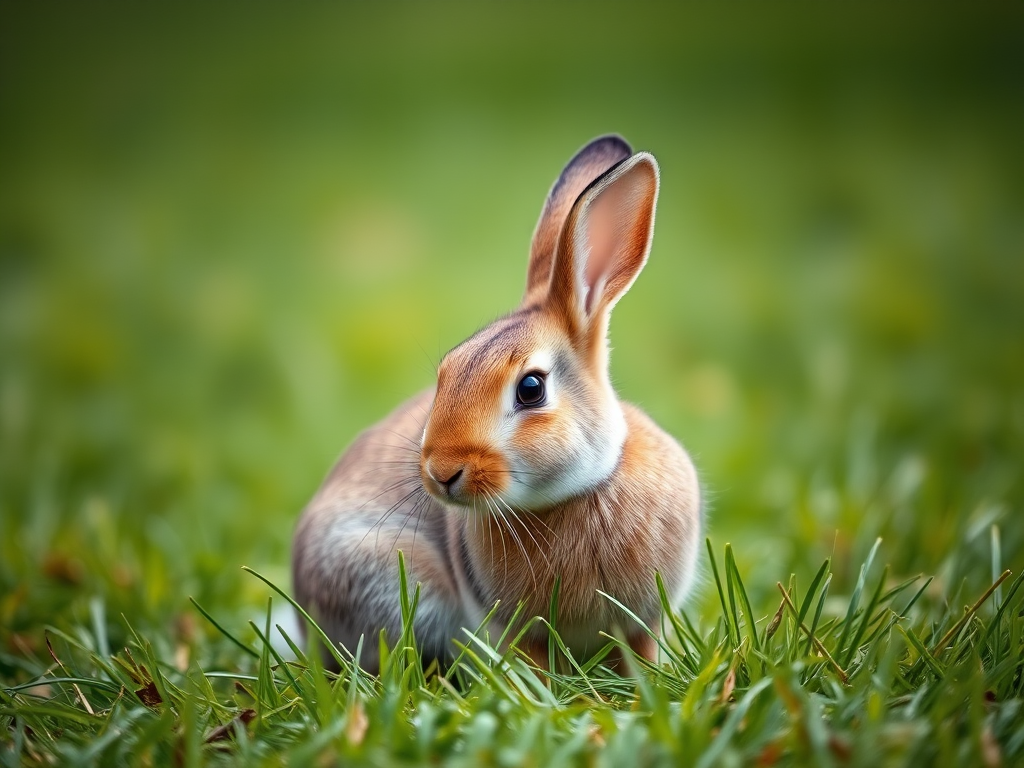 Regenerate the image of a rabbit sitting on green grass, captured with a DSLR camera at f/2.8 aperture, ISO 200, 1/500 shutter speed, in natural light, with a shallow depth of field for a soft background blur.