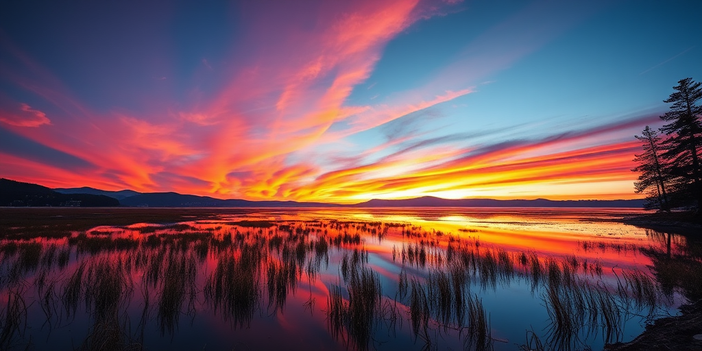 Create a highly detailed image of a serene landscape at sunset with vibrant colors in the sky reflecting on a calm lake, using a Canon EOS R5 at f/8, ISO 100, 1/125s, shot in landscape orientation with a wide-angle lens.