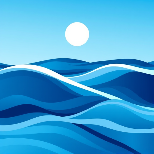 Create a vector-style image of abstract waves in different shades of blue with a stylized sun above, shot with a Canon EOS R5 at f/8, ISO 200, 24mm lens, in landscape orientation for vibrant color contrast and clarity.