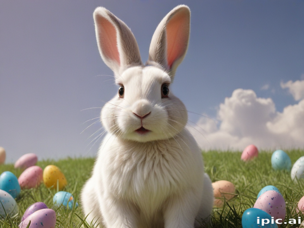 A Cute White Bunny Surrounded by Colorful Easter Eggs on Grass.