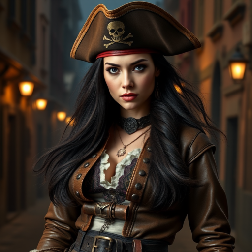 Create a portrait of a fierce female pirate. She wears a leather tricorn hat adorned with a skull and crossbones emblem, and her long, dark hair flows around her face. Her outfit consists of a richly detailed leather jacket, a corset, and multiple layers of belts and accessories, giving her a formidable and stylish appearance. She stands confidently in a dimly lit, historic port town, with a backdrop of weathered buildings and cobblestone streets, capturing the adventurous spirit of a pirate.