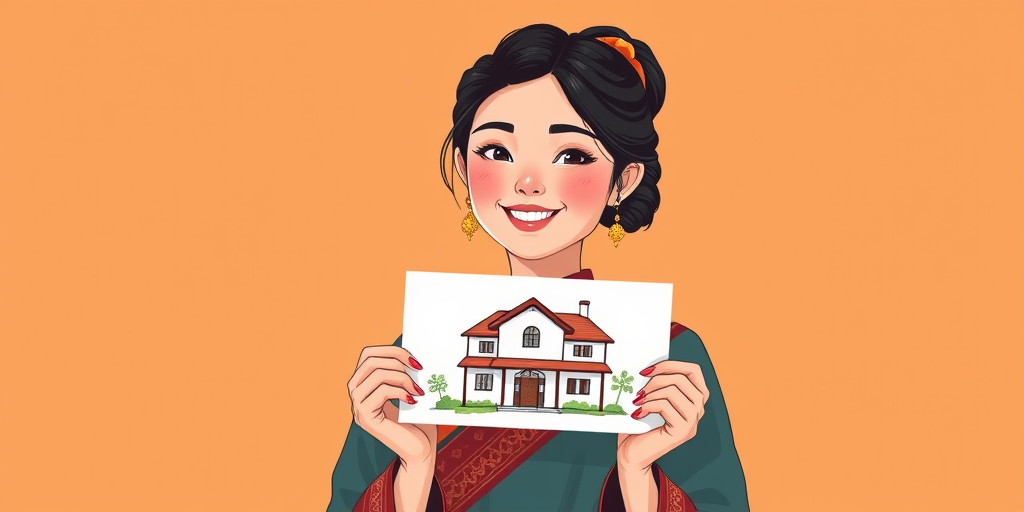 Create an illustration of a smiling woman in traditional attire holding a drawing of a house, with a soft orange gradient background, using a digital art style with high resolution, vibrant colors, and clear lines, shot with a virtual camera at 85mm focal length, aperture set at f/5.6 for depth of field, and a slight vignette effect to draw focus to the subject.