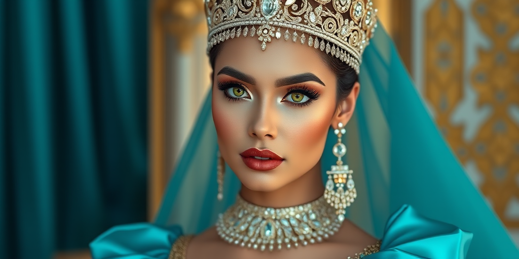 A gorgeous Coptic woman in a luxurious cyan gown, accessorized with a dazzling tiara and statement earrings, her deep Yellow eyes highlighted by impeccable makeup, poised in a royal setting, photorealistic, 8K quality