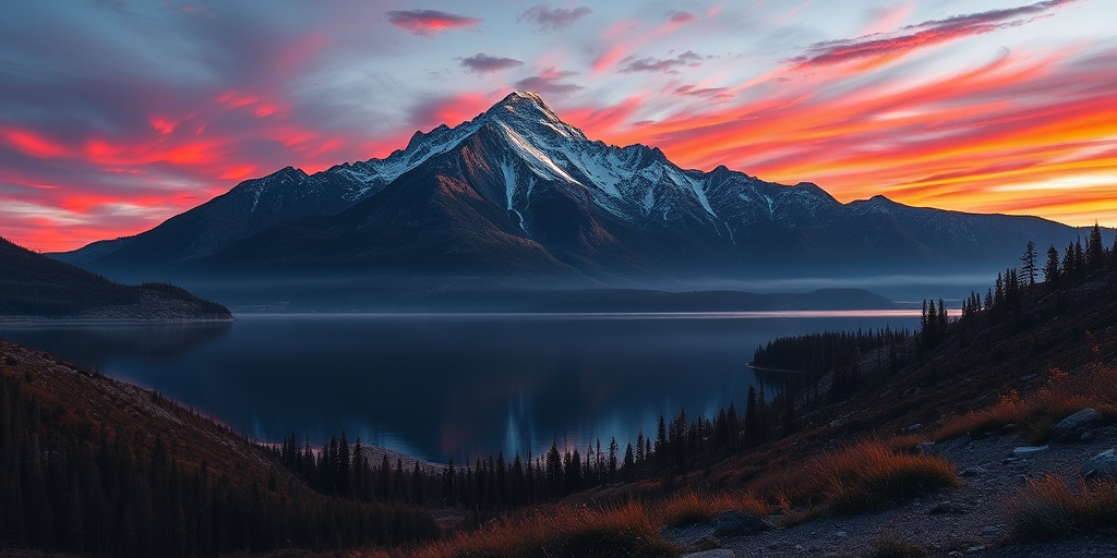 Create a high-resolution digital illustration of a serene mountain landscape during sunrise, with vibrant colors reflecting on a calm lake, using a Canon EOS R5, 24-70mm lens at f/8, ISO 100, 1/200s, wide-angle view for enhanced depth and clarity.