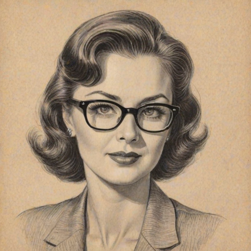 Radiant Elvira Lind, pencil sketch, portrait of Captivating woman 1941s in glasses, hair style beatnik, outline, clear lines, fine lines, 8k