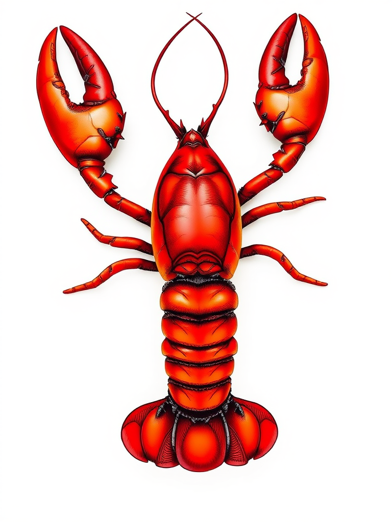 Create a highly detailed illustration of a vibrant red lobster with intricate line work on a plain white background, captured using a DSLR camera with a 50mm lens at f/8 aperture, ISO 100, and a shutter speed of 1/200s, using a top-down view for clarity and enhanced texture.