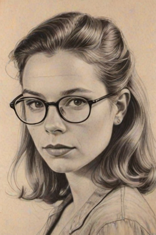 Gorgeous Maggie Rogers, pencil sketch, portrait of Enticing woman 1949s in glasses, hair style beatnik, outline, clear lines, fine lines, 8k