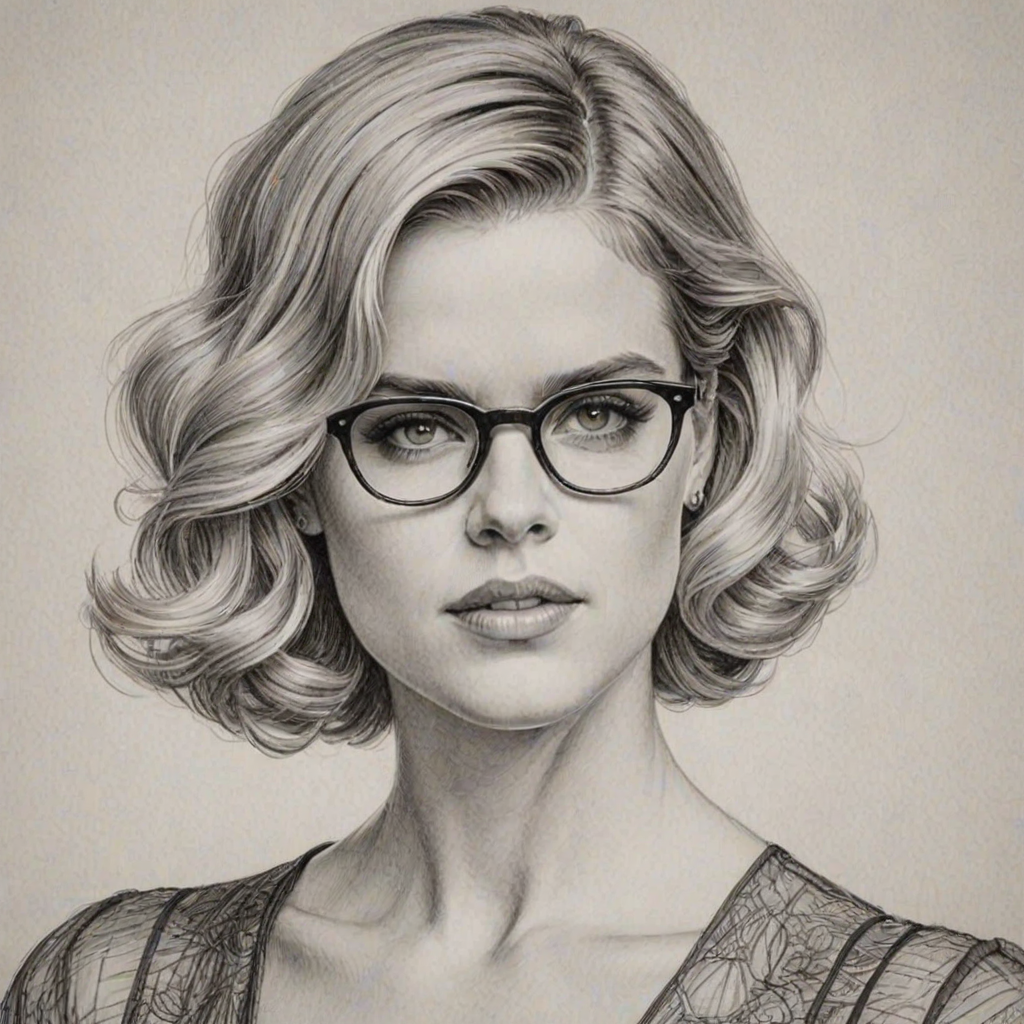 Superb Alice Eve, pencil sketch, portrait of Dazzling woman 1920s in glasses, hair style beatnik, outline, clear lines, fine lines, 8k