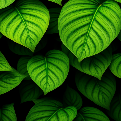 create a high-resolution botanical pattern featuring lush green leaves with intricate stripes against a deep black background, using a 50mm lens, f/2.8 aperture, ISO 100, and a DSLR camera in macro mode for enhanced detail and depth.