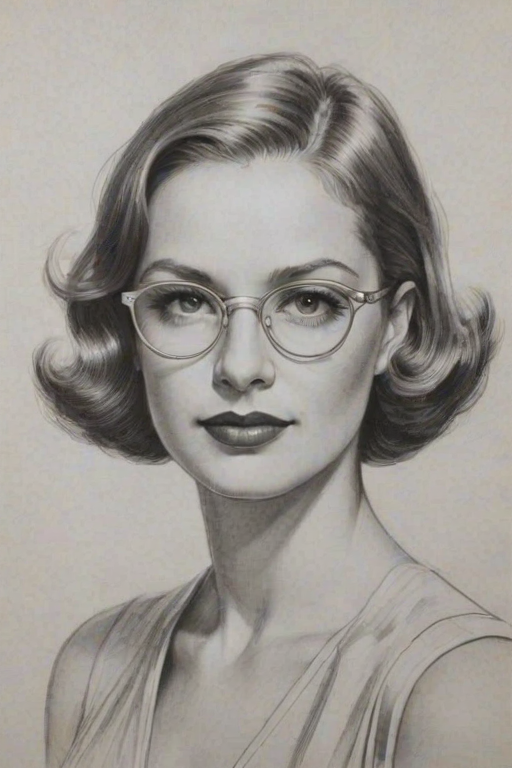 Ravishing Diane Wiest, pencil sketch, portrait of Dazzling woman 1932s in glasses, hair style beatnik, outline, clear lines, fine lines, 8k
