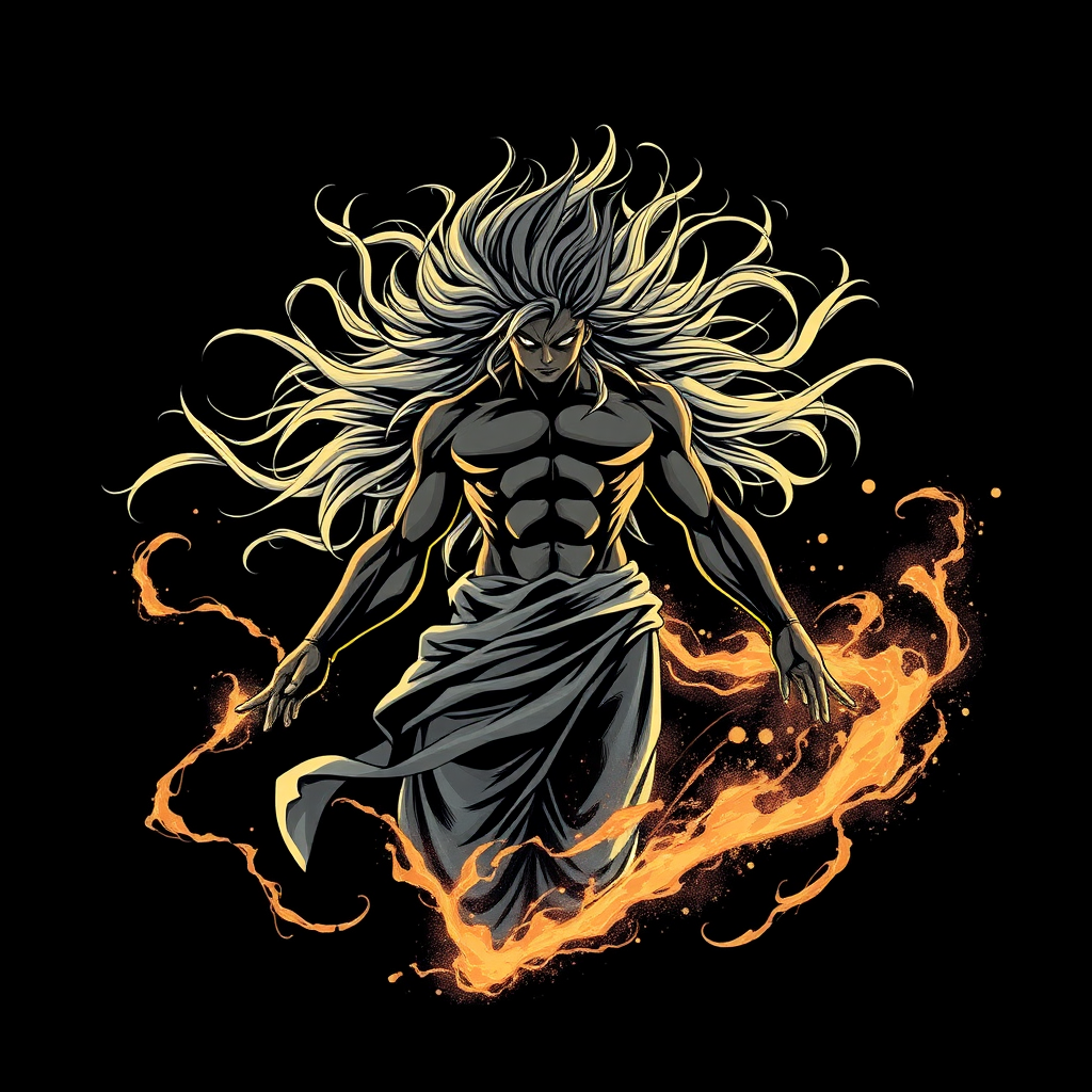 Create an illustration of a powerful figure with flowing hair and dynamic energy swirling around him, set against a black background, captured with a DSLR camera at f/2.8, ISO 100, with a slightly low-angle view to emphasize strength, and using a high-definition mode for enhanced detail.