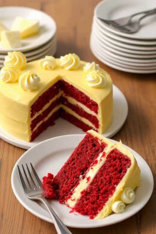 A beautifully decorated round cake with a yellow frosting and white chocolate curls on the sides sitting on a white plate with a slice cut out revealing layers of red velvet cake and creamy filling next to a fork and several stacked plates on a wooden table.