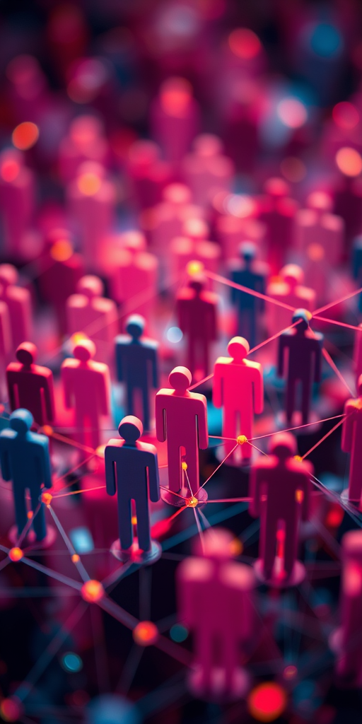 Generate an abstract representation of connected figures in a network, utilizing a high-resolution digital camera with a focal length of 35mm, aperture set to f/8 for deep field depth, ISO 200 to minimize noise, captured from a slightly elevated angle to enhance depth perception in a vibrant color palette.