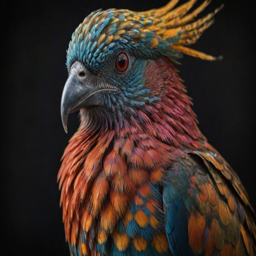 a close-up portrait of a colorful bird with intricate feather patterns and a dark, moody background
