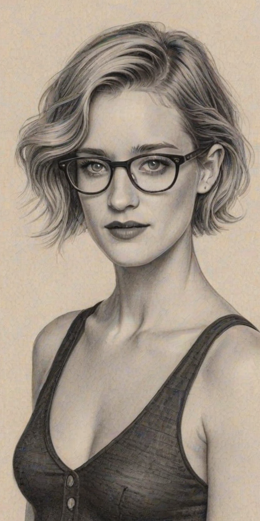 Gorgeous Mackenzie Davis, pencil sketch, portrait of Alluring woman 1929s in glasses, hair style beatnik, outline, clear lines, fine lines, 8k