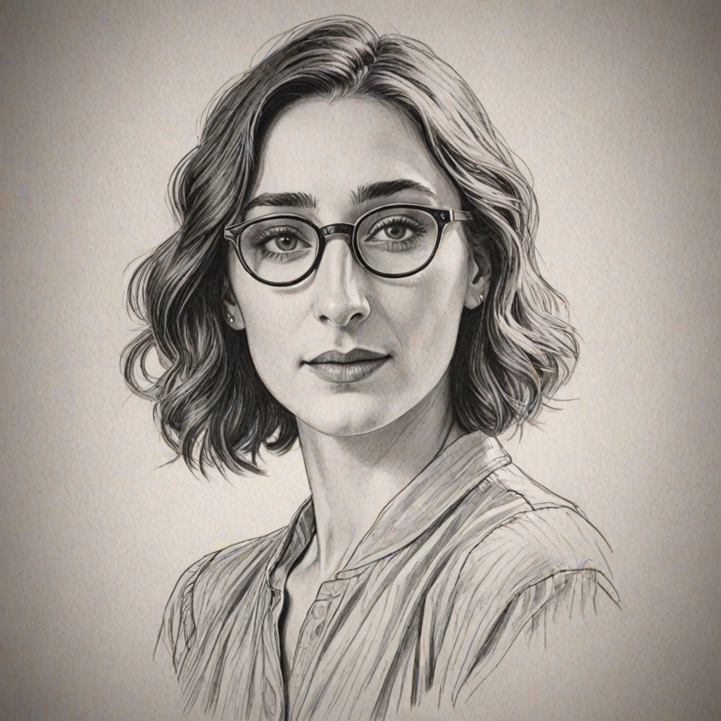 Lovely Sara Bareilles, pencil sketch, portrait of Ravishing woman 1923s in glasses, hair style beatnik, outline, clear lines, fine lines, 8k
