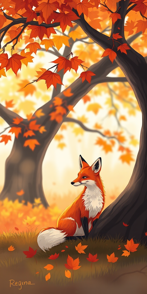 Regenerate an illustration of a fox sitting under a large tree with autumn leaves, vibrant colors, soft focus, captured with a DSLR camera at f/2.8, ISO 100, 50mm lens, high dynamic range, bright daylight.