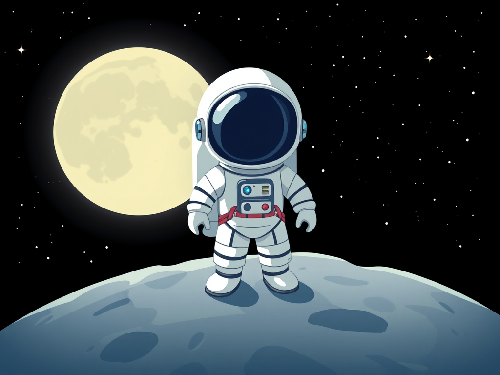 Create a digital illustration of a cartoon astronaut standing on the moon with a black starry background, use a 50mm lens, aperture f/2.8, ISO 100, with a soft focus style, in a high-resolution digital format.