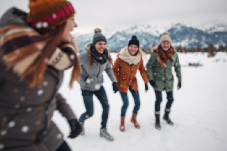 Blurry, candid shot of a group of friends playing in the snow, soft snowflakes falling around them, distant mountains in the background, and the sound of laughter and snow crunching underfoot filling the scene.