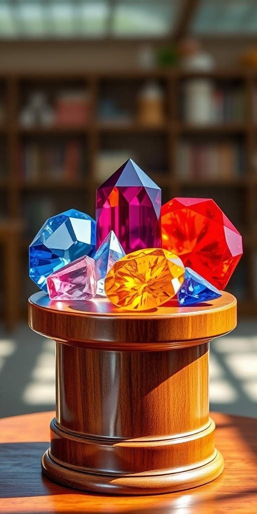 Create a vibrant, high-resolution image of various gemstones including red, blue, and yellow, displayed on a polished wooden pedestal, using a DSLR camera at f/2.8 aperture, 50mm lens, ISO 100, in natural lighting from above for enhanced reflections and clarity.