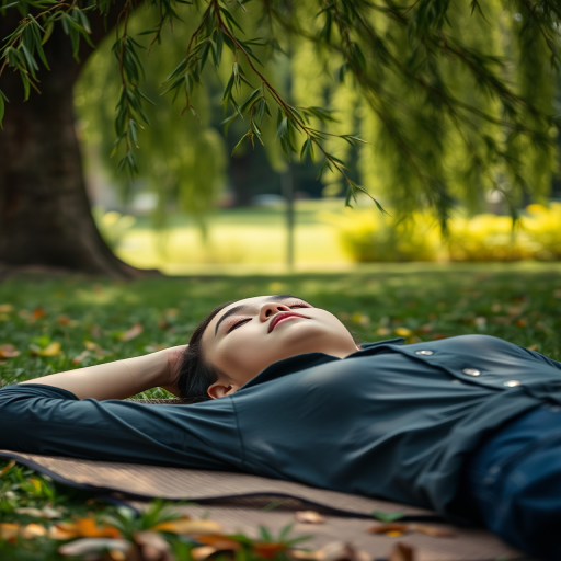 A person lying on a mat in a park, surrounded by greenery and willow branches, with a serene expression, shot with a Canon EOS 5D Mark IV, 85mm lens, f/2.8 aperture, 1/200 sec shutter speed, soft focus background.