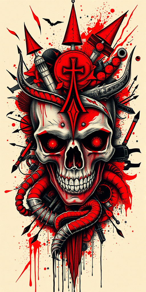 Trash polka tattoo titled "Chaos and Order" combining bold, graphic elements with photorealistic details, using a striking red and black color palette to create a dynamic and visually arresting composition with hidden symbolism