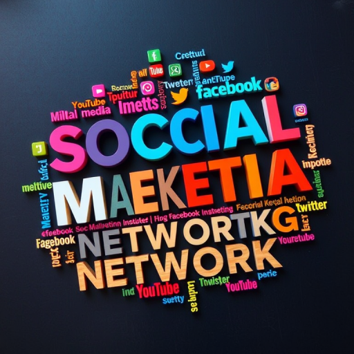 Create a vibrant word cloud with the words "SOCIAL," "MEDIA," "MARKETING," "NETWORK," and various social media platform names like "Facebook," "Instagram," "Twitter," and "YouTube," using a Canon EOS R5 camera, aperture f/8, ISO 100, and a wide-angle lens, featuring a top-down view with soft, diffused lighting to enhance clarity and color vibrancy.