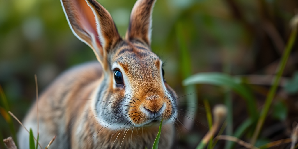 Close-up of a rabbit in a natural setting, ISO 200, f/4, 1/200s, 50mm lens, shallow depth of field, soft natural lighting, DSLR camera.