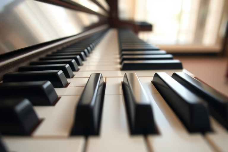 Create a high-resolution image of a piano keyboard viewed from above with a shallow depth of field, using a DSLR camera, 50mm lens, f/2.8 aperture, ISO 100, and natural lighting for enhanced contrast.
