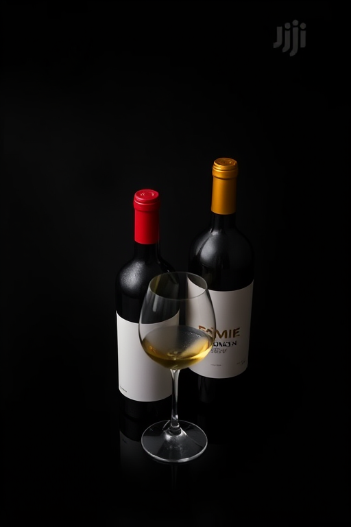 Create a high-resolution image of two wine bottles and a wine glass on a black background with dramatic lighting, using a Canon EOS R6, 50mm f/1.8 lens, ISO 100, aperture f/2.8, shutter speed 1/60s, top-down view, and studio photography style.