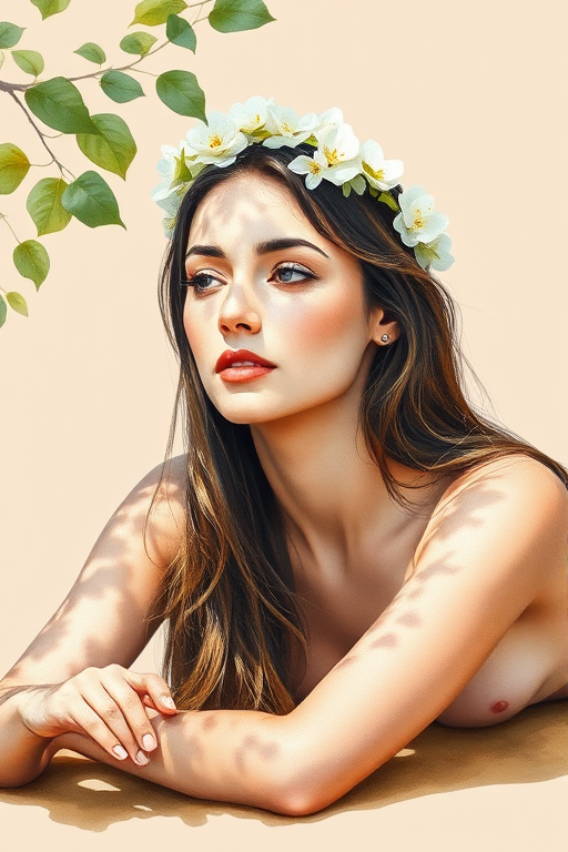 create a watercolor painting of an ethereal portrait of beautiful Sephardic woman with a simple white flower crown on her head. Her hair is long and she is lying on the ground. The sunlight on the trees casts shadows from the leaves on her face and body. The background is a neutral brown color that matches her skin tone. The image is minimalist and solid colors. This style is characterized by soft, delicate brushstrokes and a light, airy, contrasting color palette. High level of detail and play of light