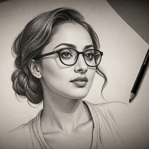 Sublime Francia Raisa, pencil sketch, portrait of Stunning woman 1932s in glasses, hair style beatnik, outline, clear lines, fine lines, 8k