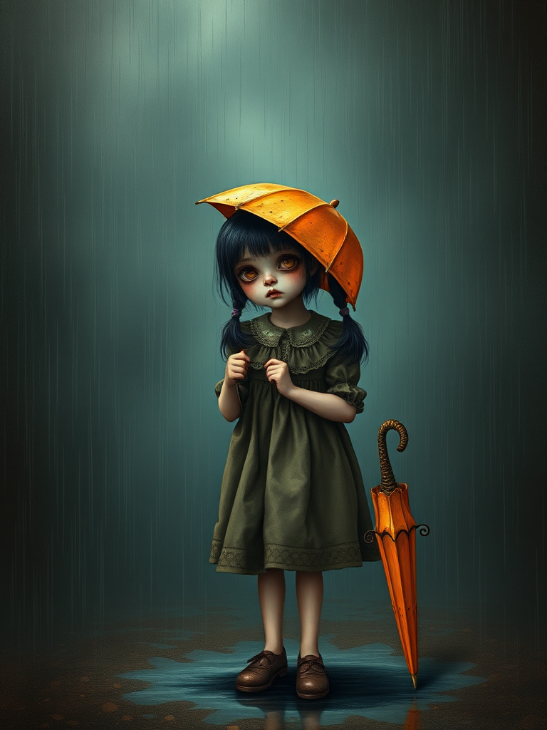 An eerie, weird little girl with dark hair in thin pigtails, wearing a smock dress, standing in the rain, holding a dirty orange umbrella, a small, odd creature beside her. In a surreal style inspired by Nicoletta Ceccoli and Brian Froud. Dark fantasy themes