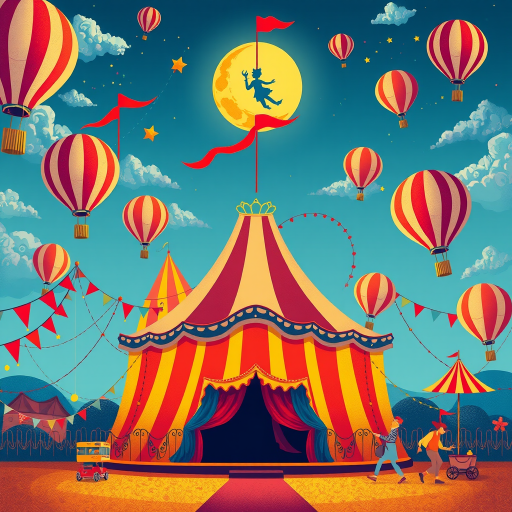 Create a vibrant, colorful illustration of a circus scene with a strong focus on a whimsical tent, hot air balloons, and a performer on the moon, using a Canon EOS R5 with a 24-70mm f/2.8 lens, aperture set to f/8, ISO 100, and a wide-angle view to capture intricate details and vivid colors, in a flat design style.