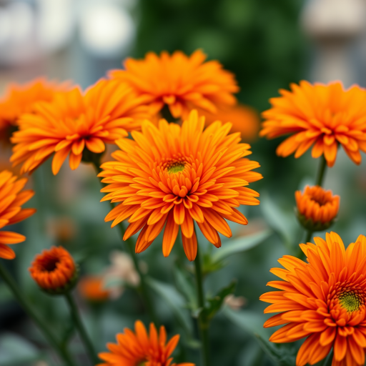 Capture a close-up shot of vibrant orange chrysanthemums with a shallow depth of field, using a DSLR camera with a 50mm lens, aperture set at f/2.8, ISO 100, and a soft bokeh background to enhance the image quality.