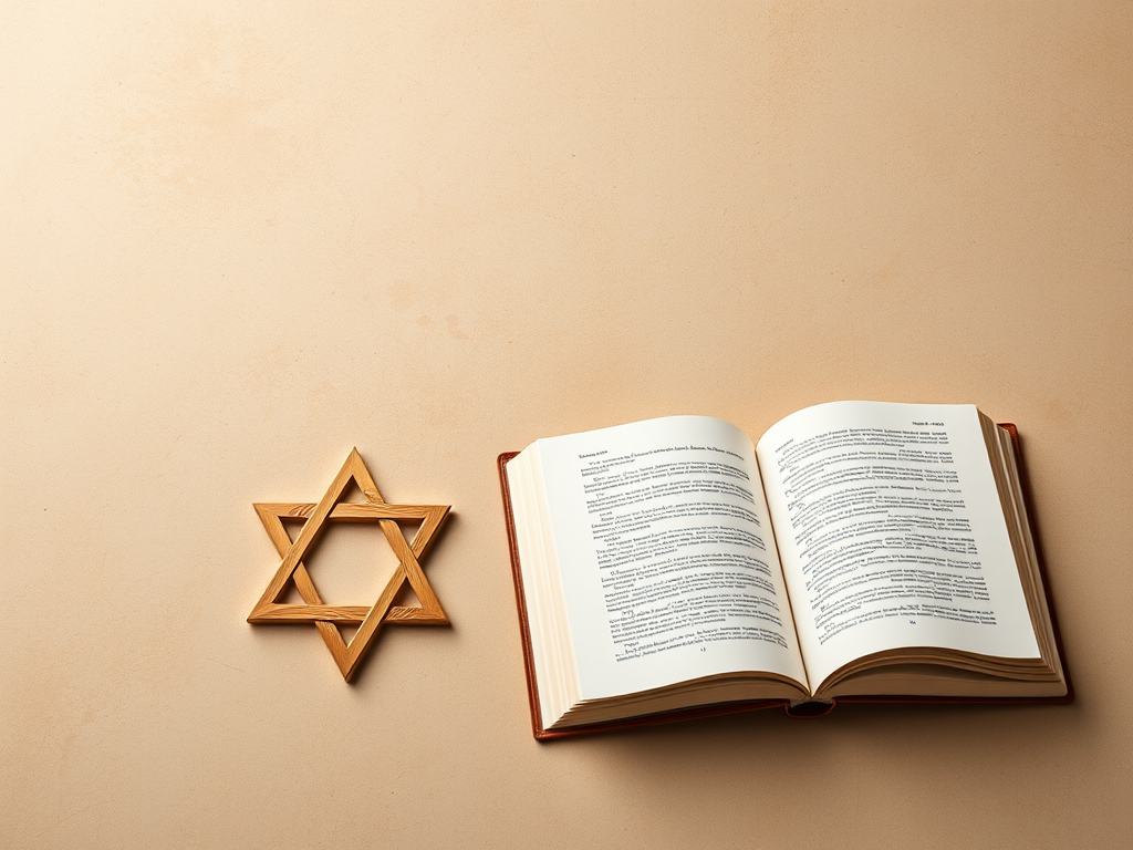 Create an image featuring a Star of David on the left and an open book on the right against a textured beige background, using a DSLR camera with a 50mm lens, aperture set to f/2.8, ISO 200, and a slight vignette effect for depth.
