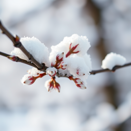 Capture a close-up image of a snow-covered branch with delicate buds, using a DSLR camera with a 50mm f/1.8 lens, aperture set at f/2.8, ISO 200, shutter speed 1/200s, in natural lighting, focusing on the intricate details of the snow and buds against a softly blurred background.