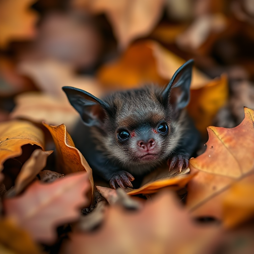 A close-up of a small bat nestled in a pile of autumn leaves, captured with a Canon EOS R5, 85mm f/1.2 lens, ISO 400, aperture f/2.8, shallow depth of field, natural light, high detail, vibrant colors.