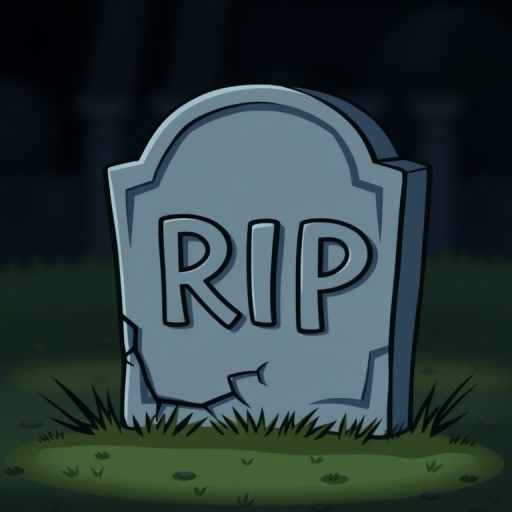 Create an image of a cartoon-style gravestone with the letters RIP on it, set against a dark background, using a DSLR camera with a 50mm lens, aperture f/2.8, ISO 100, and a shallow depth of field to enhance the focus on the gravestone.