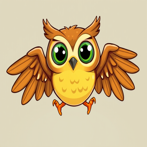 Create a vibrant cartoon-style illustration of a cheerful owl with large green eyes and a yellow belly, featuring dynamic wings in mid-flap, set against a simple, contrasting background; use a DSLR camera with a 50mm lens, f/2.8 aperture, and a slightly blurred background to enhance the subject's clarity and color saturation.