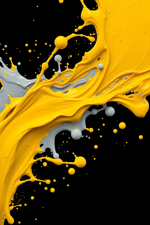 high-resolution image of yellow and gray paint splashes merging in an artistic flow against a black background, captured with a macro lens at f/2.8, 1/250s shutter speed, ISO 100, using a Canon EOS R5 with a 100mm macro lens, soft studio lighting for enhanced contrast and detail