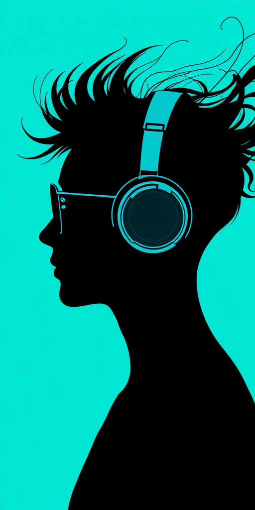 Create a digital illustration of a silhouette of a person with futuristic headphones and abstract lines flowing from the head, set against a bright turquoise background, using a professional digital camera at 50mm, f/2.8 aperture, ISO 100 for clarity and depth, in a minimalistic style with high contrast.