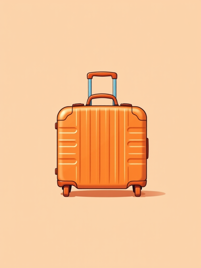 Create a vector illustration of an orange suitcase on a light peach background with a clean, minimalist design, use a Canon EOS 5D Mark IV camera with a 50mm f/1.8 lens, set aperture to f/8 for sharp detail, ISO at 100 for maximum quality, and a slight vignette effect for emphasis.