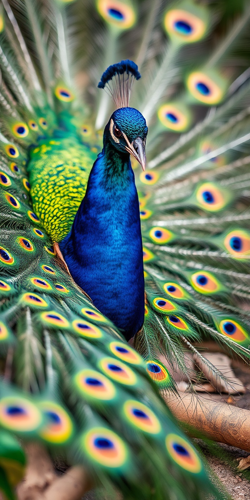 capture a peacock displaying its full plumage in vivid colors with a shallow depth of field, 50mm lens, f/2.8 aperture, ISO 100, shot in natural light with a DSLR camera from a slightly low angle to emphasize the iridescence of the feathers