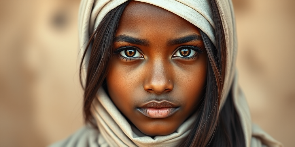 Create a portrait of a young Nubian female with long, dark hair and captivating hazel eyes. She is wearing a white headscarf and a matching scarf draped gracefully around her neck. The background is softly blurred, focusing attention on her serene and natural expression. The overall color palette is muted and warm, enhancing the intimate and authentic feel of the portrait.