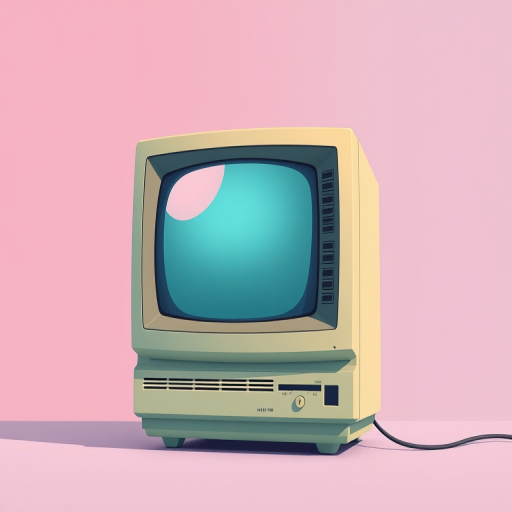 create a retro computer monitor illustration with a soft color palette using a wide-angle lens at f/4, ISO 100, and a 50mm focal length to enhance depth and clarity in a flat design style.