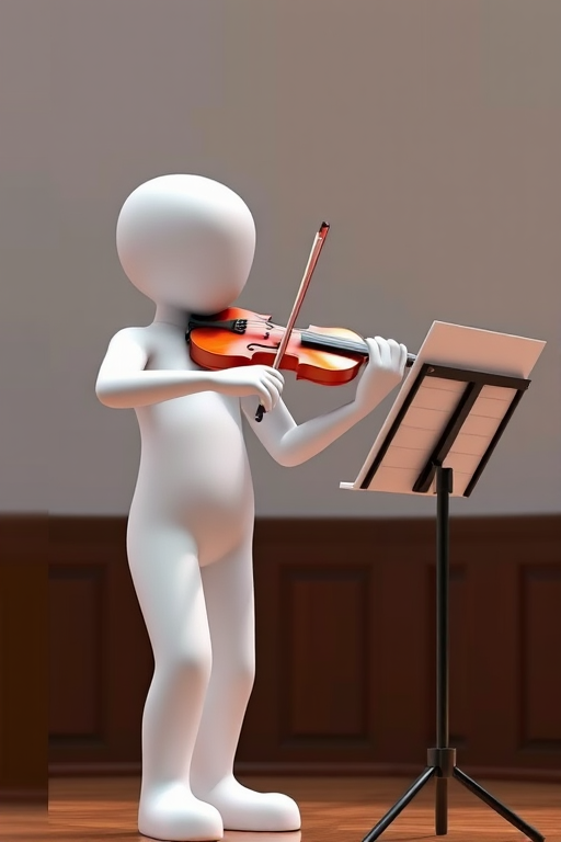 Create a 3D rendering of a white humanoid figure playing a violin in front of a music stand, using a DSLR camera with a 50mm lens, aperture set to f/2.8, ISO 100, 1/200 shutter speed, soft lighting, and a clean background to enhance image quality.